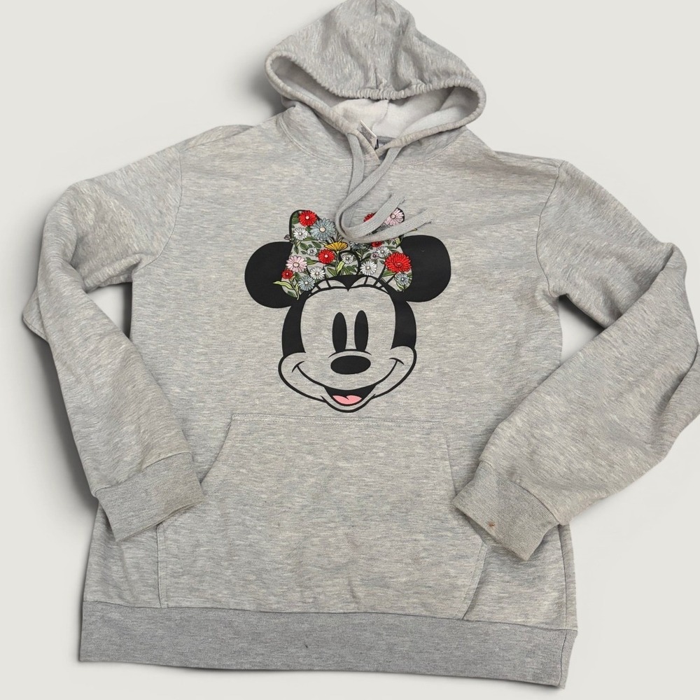 Disney Minnie Mouse Floral Bow Grey Hoodie Top Womens Medium Pullover Crew Neck